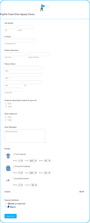 PayPal Ticari Ürün Sipariş Form Şablonu