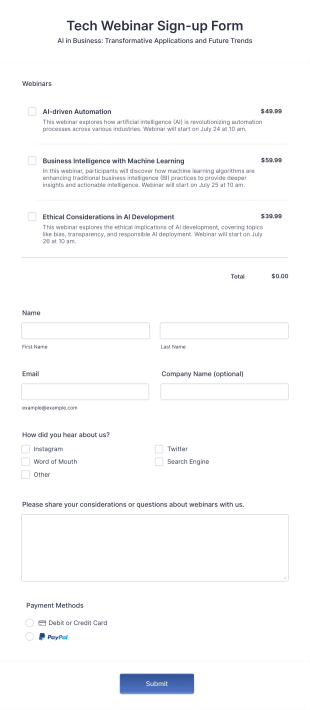 PayPal Webinar Sign Up Form Template