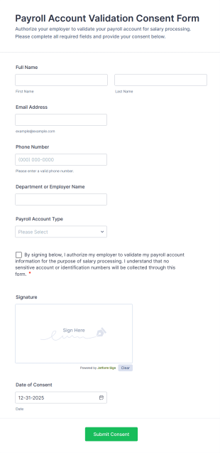Payroll Account Validation Consent Form Template