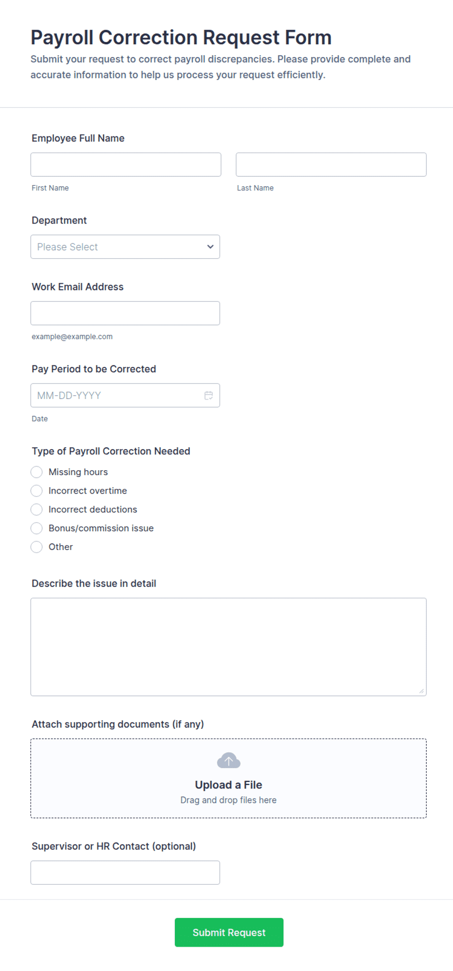 Payroll Correction Form.pdf Payroll Correction Request Form Template | Jotform