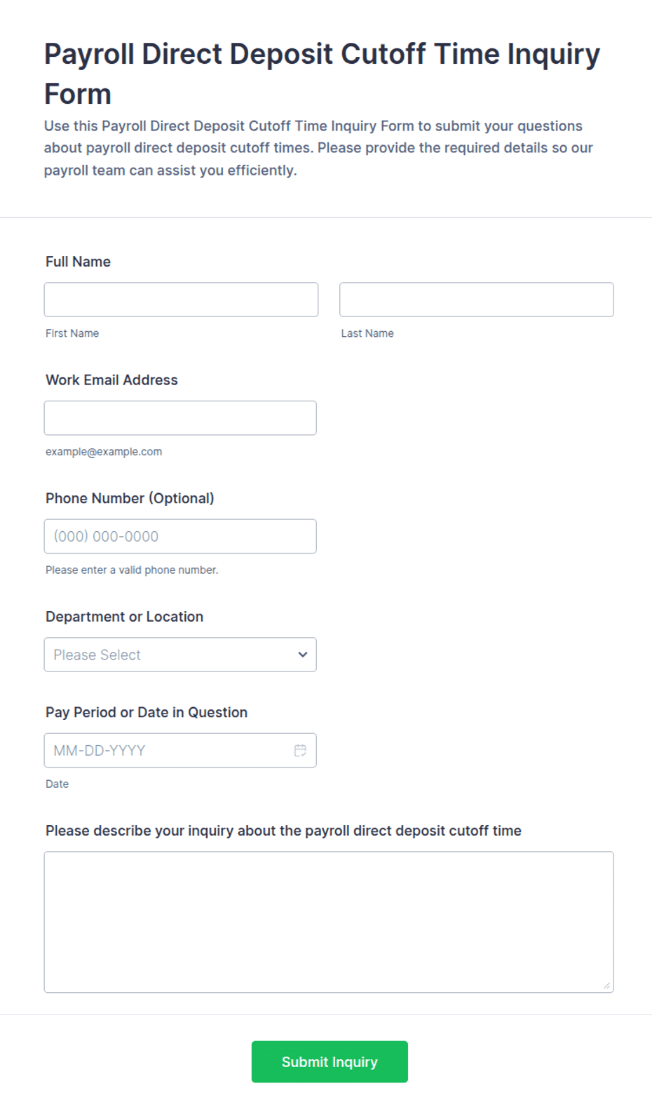 Payroll Direct Deposit Cutoff Time Inquiry Form Template | Jotform