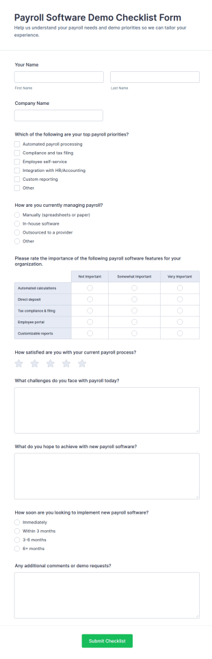 Payroll Software Demo Checklist Form Template