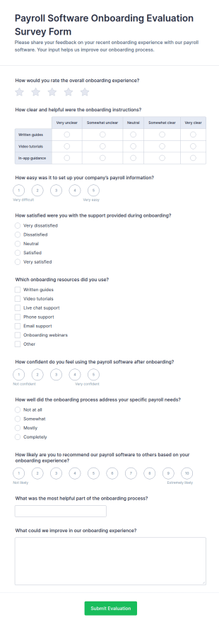 Payroll Software Onboarding Evaluation Survey Form Template
