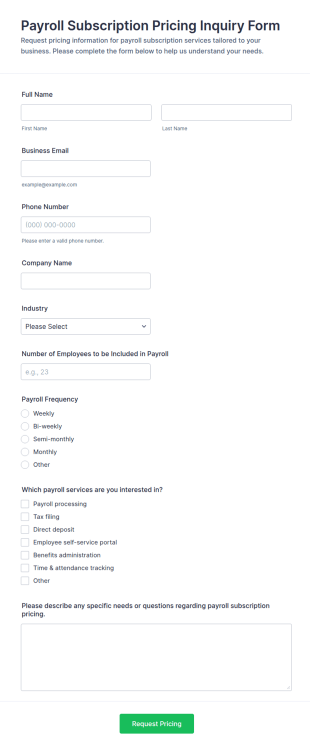 Payroll Subscription Pricing Inquiry Form Template