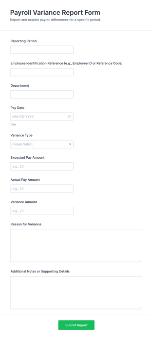 Payroll Variance Report Form Template