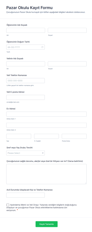 Pazar Okulu Kayıt Form Template