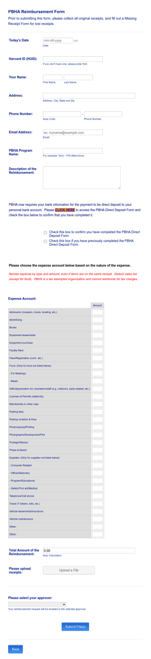 PBHA Reimbursement Form Template