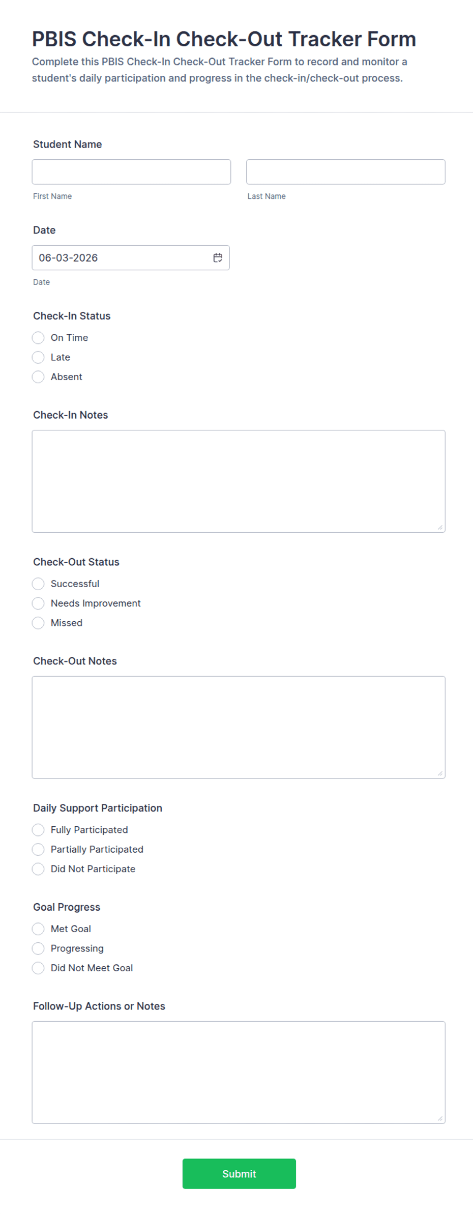 PBIS Check-In Check-Out Tracker Form Template | Jotform