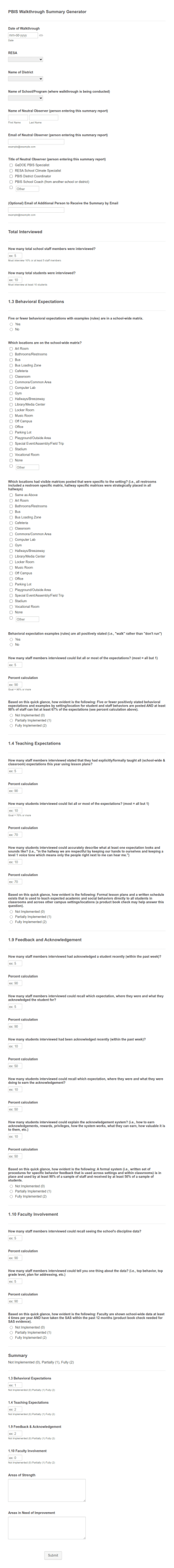 PBIS Walkthrough Summary Generator Form Template