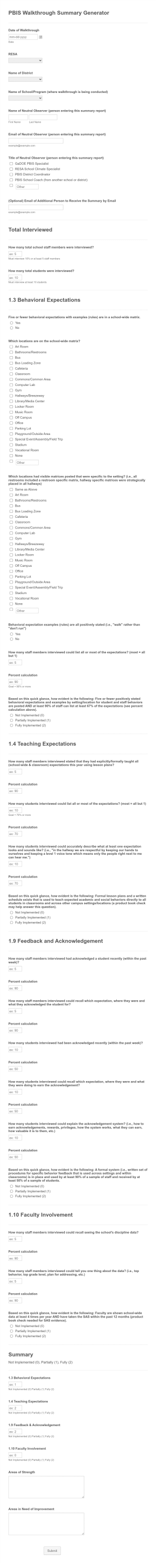 PBIS Walkthrough Summary Generator Form Template