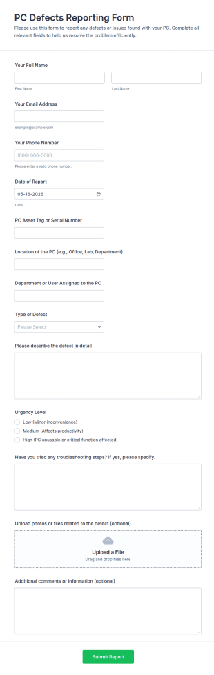 PC Defects Reporting Form Template