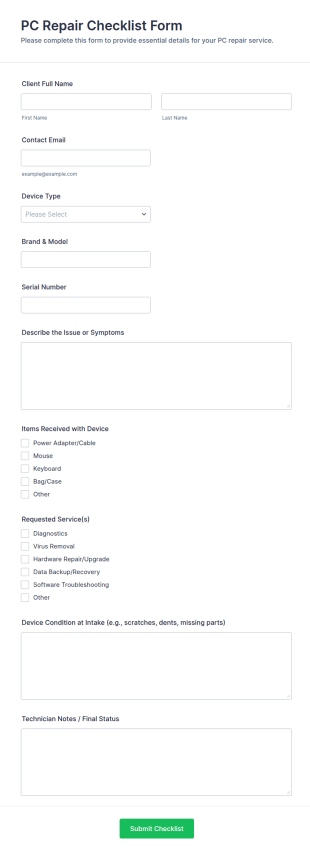 PC Repair Checklist Form Template
