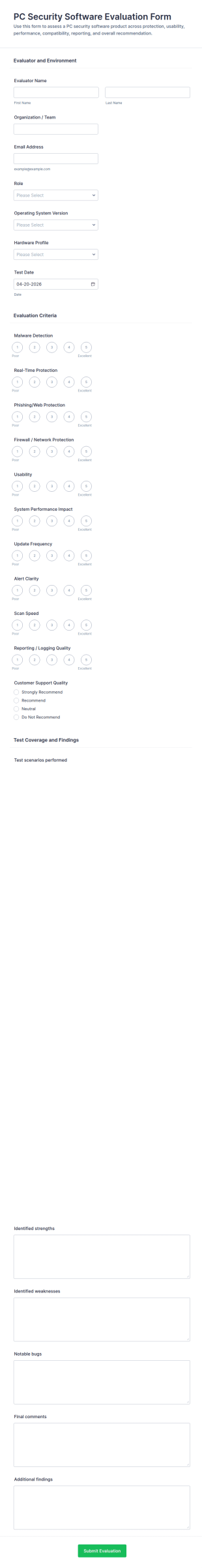 PC Security Software Evaluation Form Template