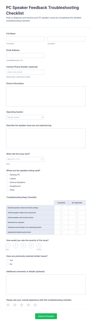 PC Speaker Feedback Troubleshooting Checklist Form Template