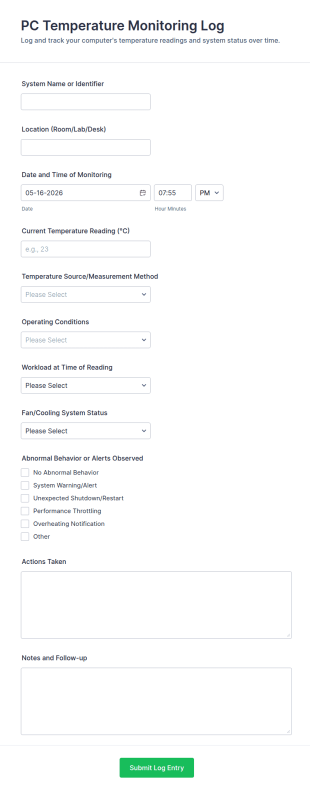 PC Temperature Monitoring Log Form Template
