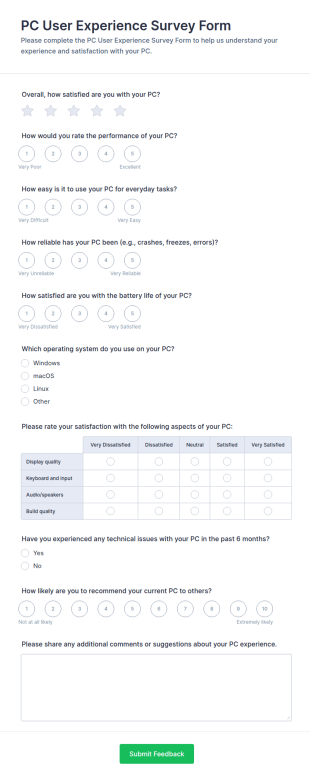 PC User Experience Survey Form Template