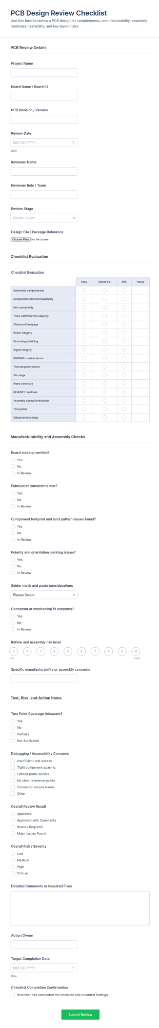 PCB Design Review Checklist Form Template