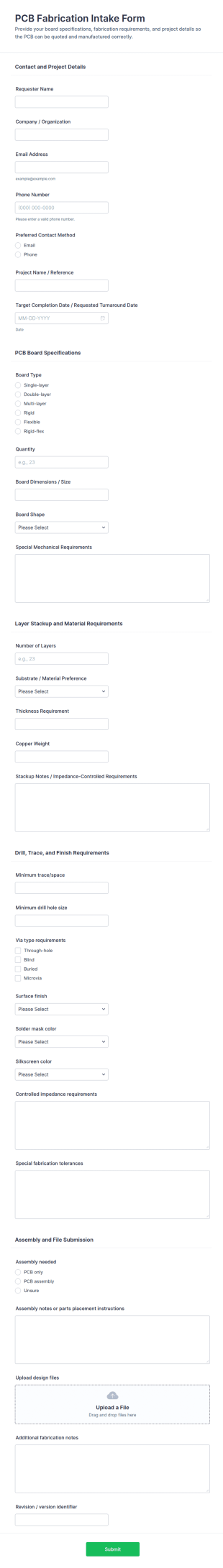 PCB Fabrication Intake Form Template