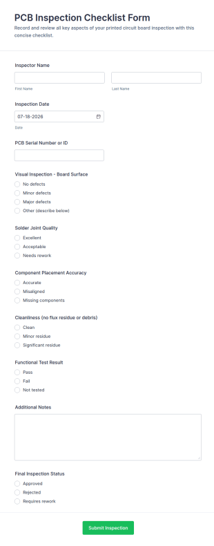 PCB Inspection Checklist Form Template