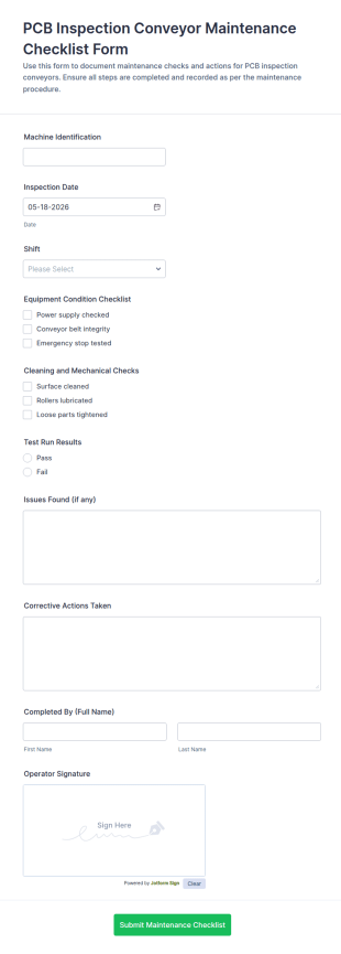 PCB Inspection Conveyor Maintenance Checklist Form Template