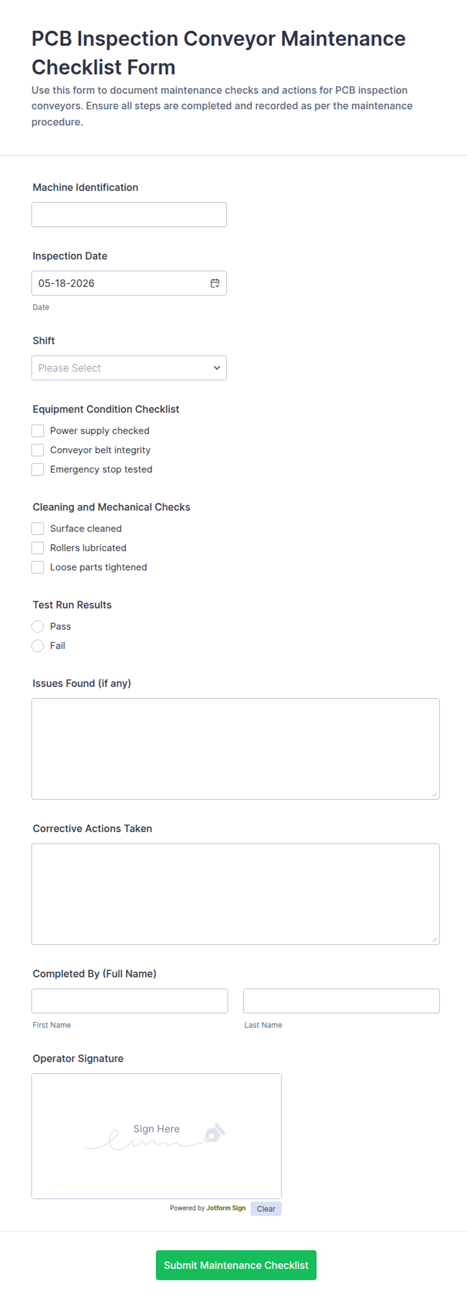 PCB Inspection Conveyor Maintenance Checklist Form Template | Jotform