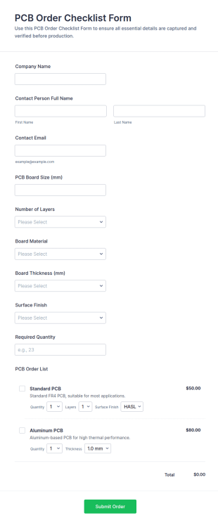 PCB Order Checklist Form Template