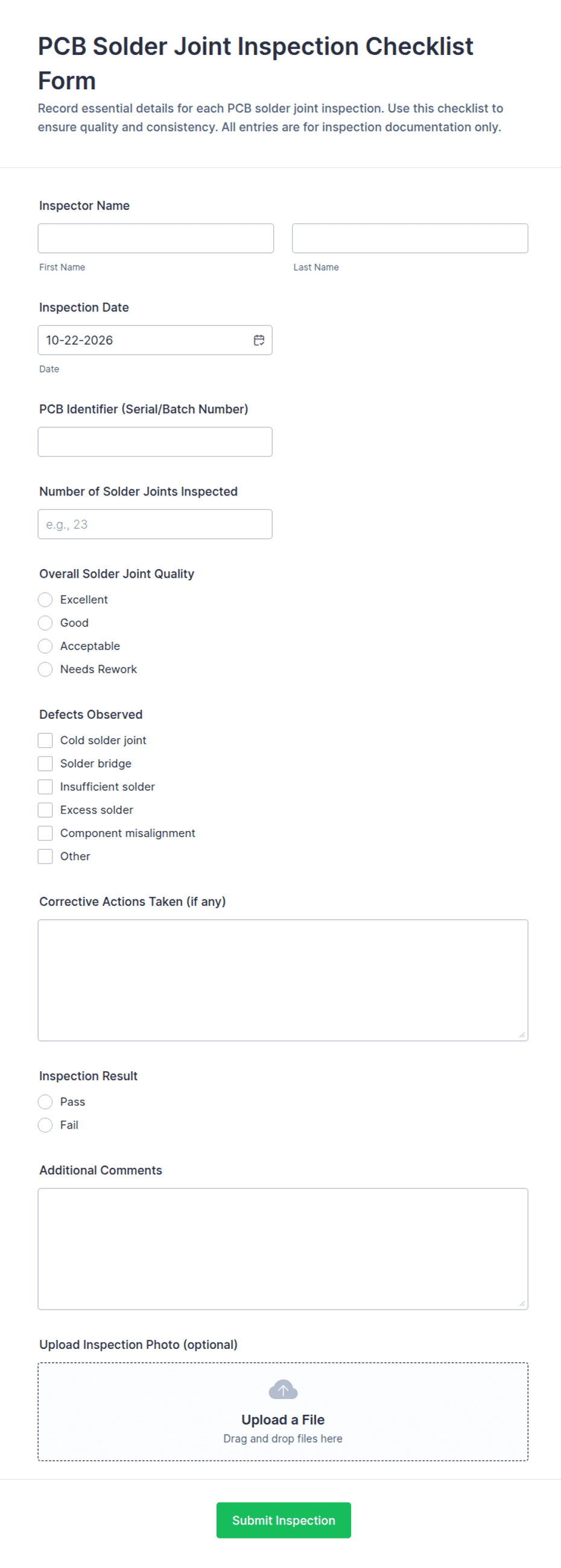 PCB Solder Joint Inspection Checklist Form Template | Jotform