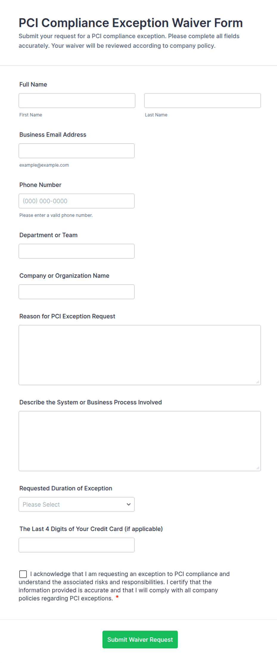 PCI Compliance Exception Waiver Form Template | Jotform