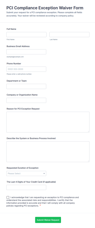 PCI Compliance Exception Waiver Form Template
