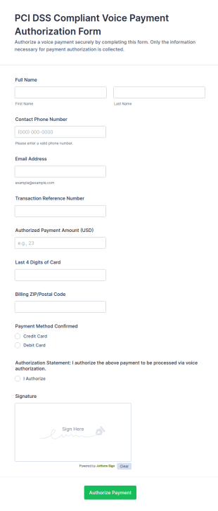 PCI DSS Compliant Voice Payment Authorization Form Template