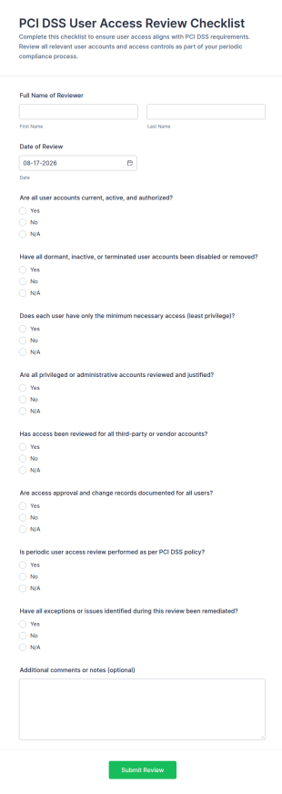 PCI DSS User Access Review Checklist Form Template