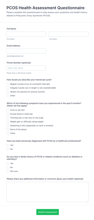 PCOS Health Assessment Questionnaire Form Template