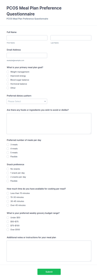 PCOS Meal Plan Preference Questionnaire Form Template
