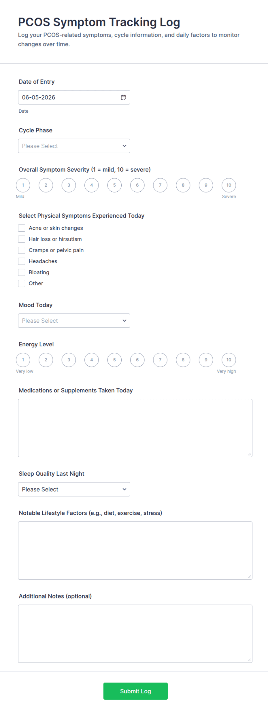 PCOS Symptom Tracking Log Form Template | Jotform
