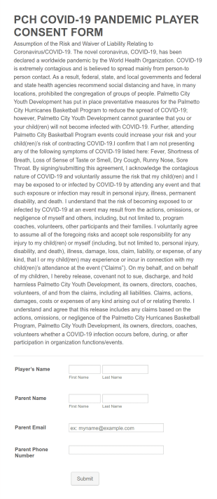 Pcyd/ Pch Covid 19 Pandemic Player Consent Form Template
