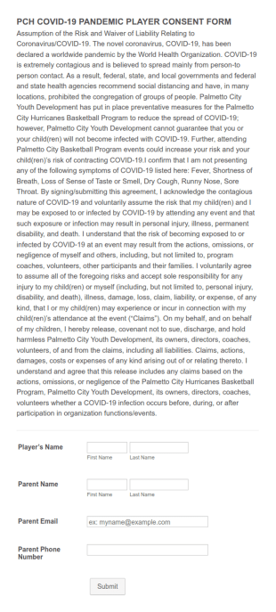 Pcyd/ Pch Covid 19 Pandemic Player Consent Form Template