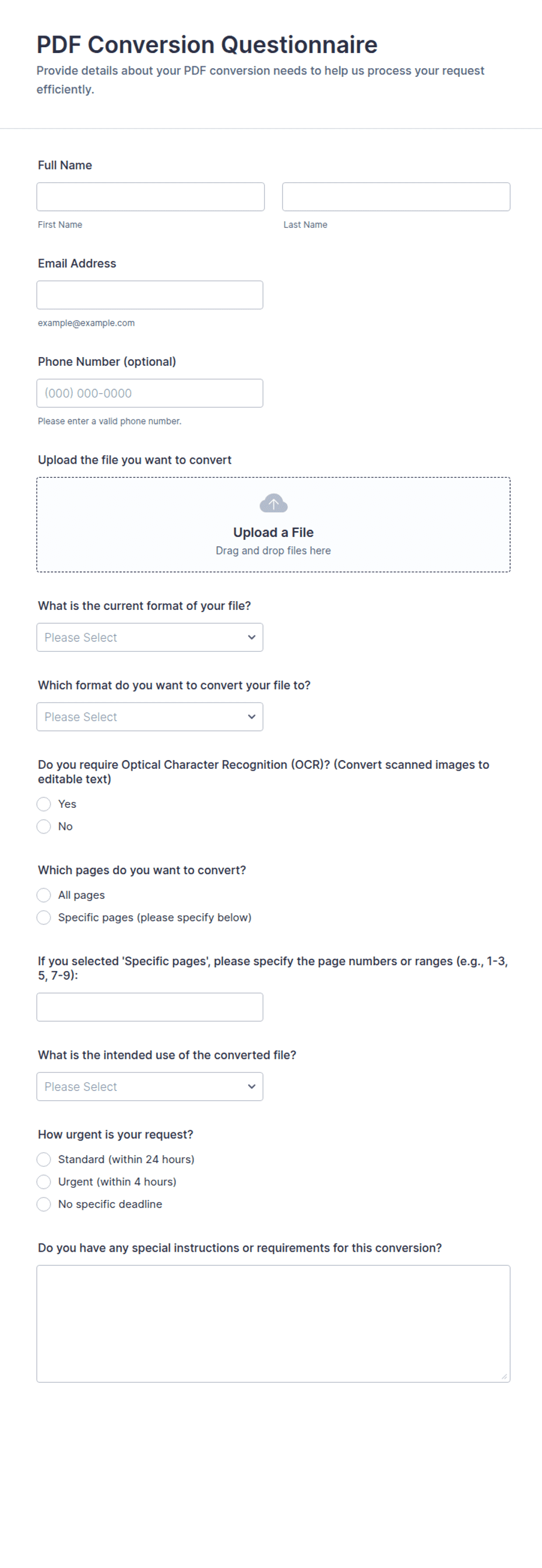 PDF Conversion Questionnaire Form Template | Jotform