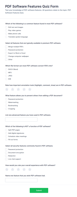 PDF Software Features Quiz Form Template
