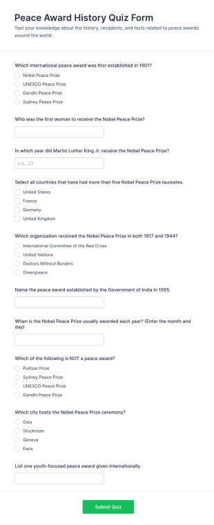 Peace Award History Quiz Form Template