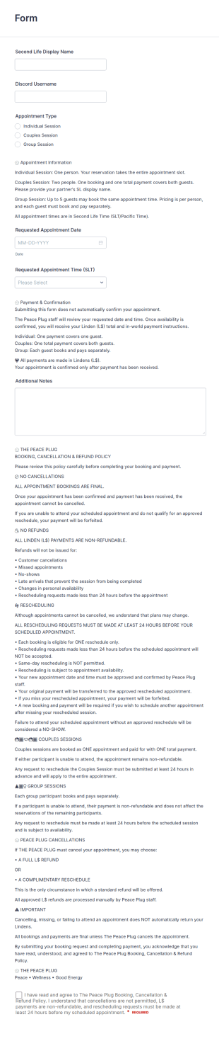 EarPeace Plug Booking Form Template
