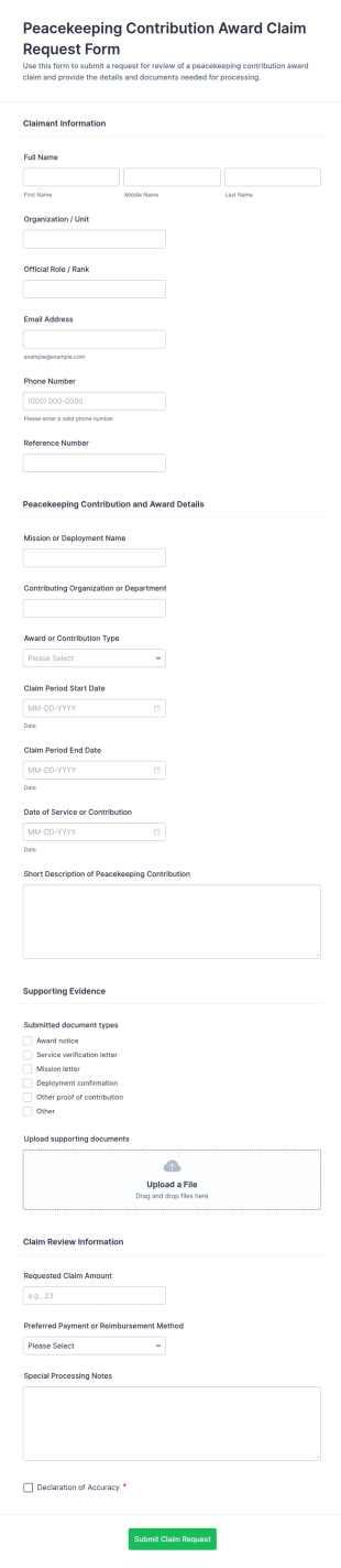 Peacekeeping Contribution Award Claim Request Form Template