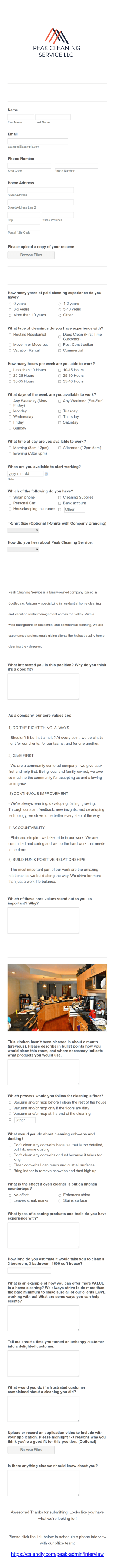 Peak Cleaning Service Application Form Template