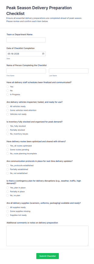 Peak Season Delivery Preparation Checklist Form Template