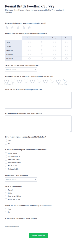 Peanut Brittle Feedback Survey Form Template