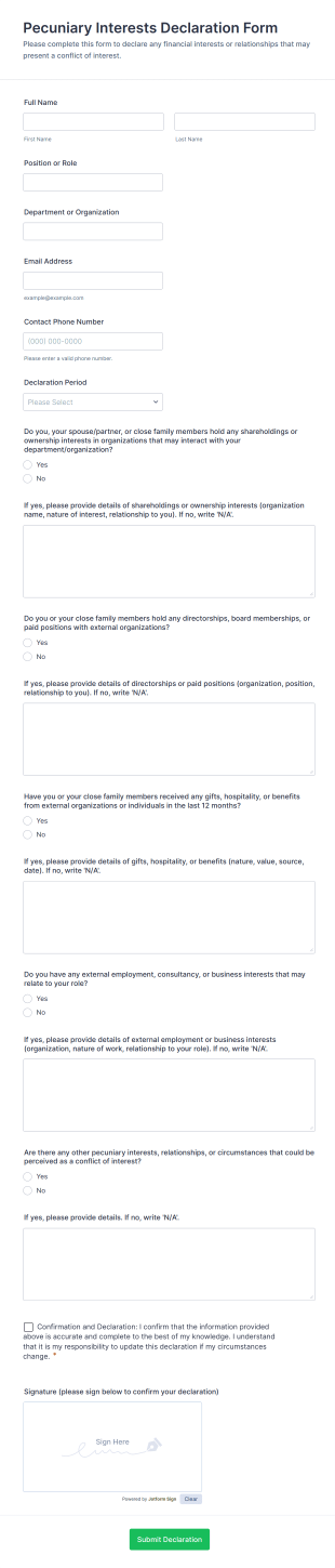 Pecuniary Interests Declaration Form Template