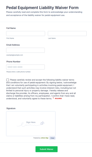 Pedal Equipment Liability Waiver Form Template