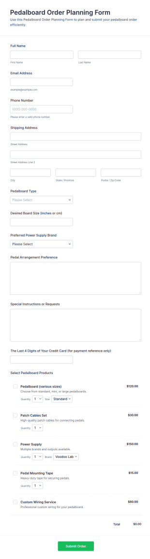 Pedalboard Order Planning Form Template