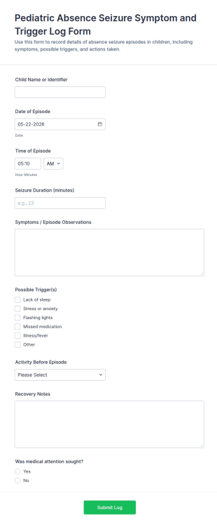 Pediatric Absence Seizure Symptom And Trigger Log Form Template