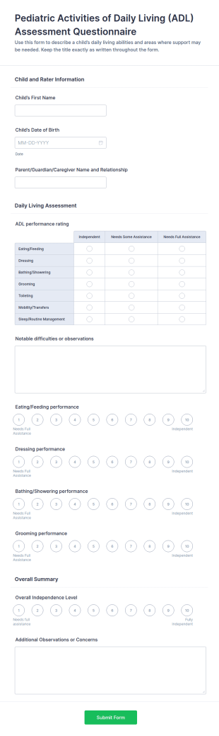 Pediatric ADL Assessment Form Template