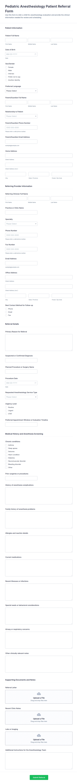 Pediatric Anesthesiology Patient Referral Form Template